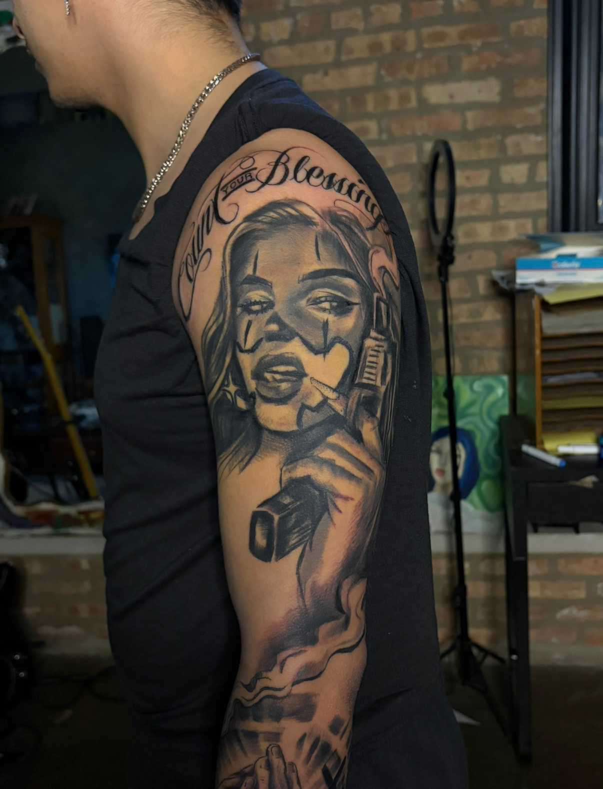 Chicano payasa with count your blessings lettering half sleeve tattoo