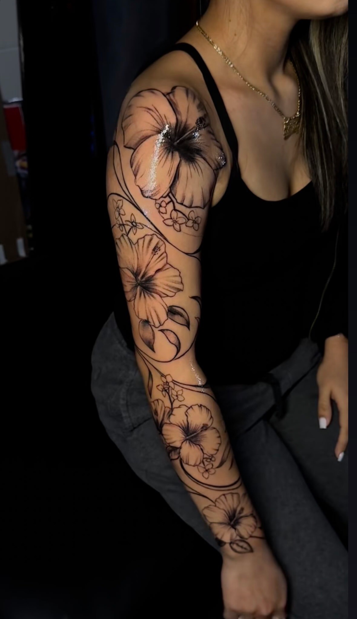 Hibiscus floral full sleeve tattoo