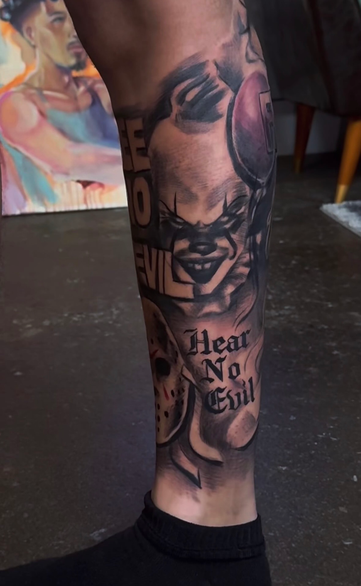 Horror movie hear no evil leg sleeve tattoo