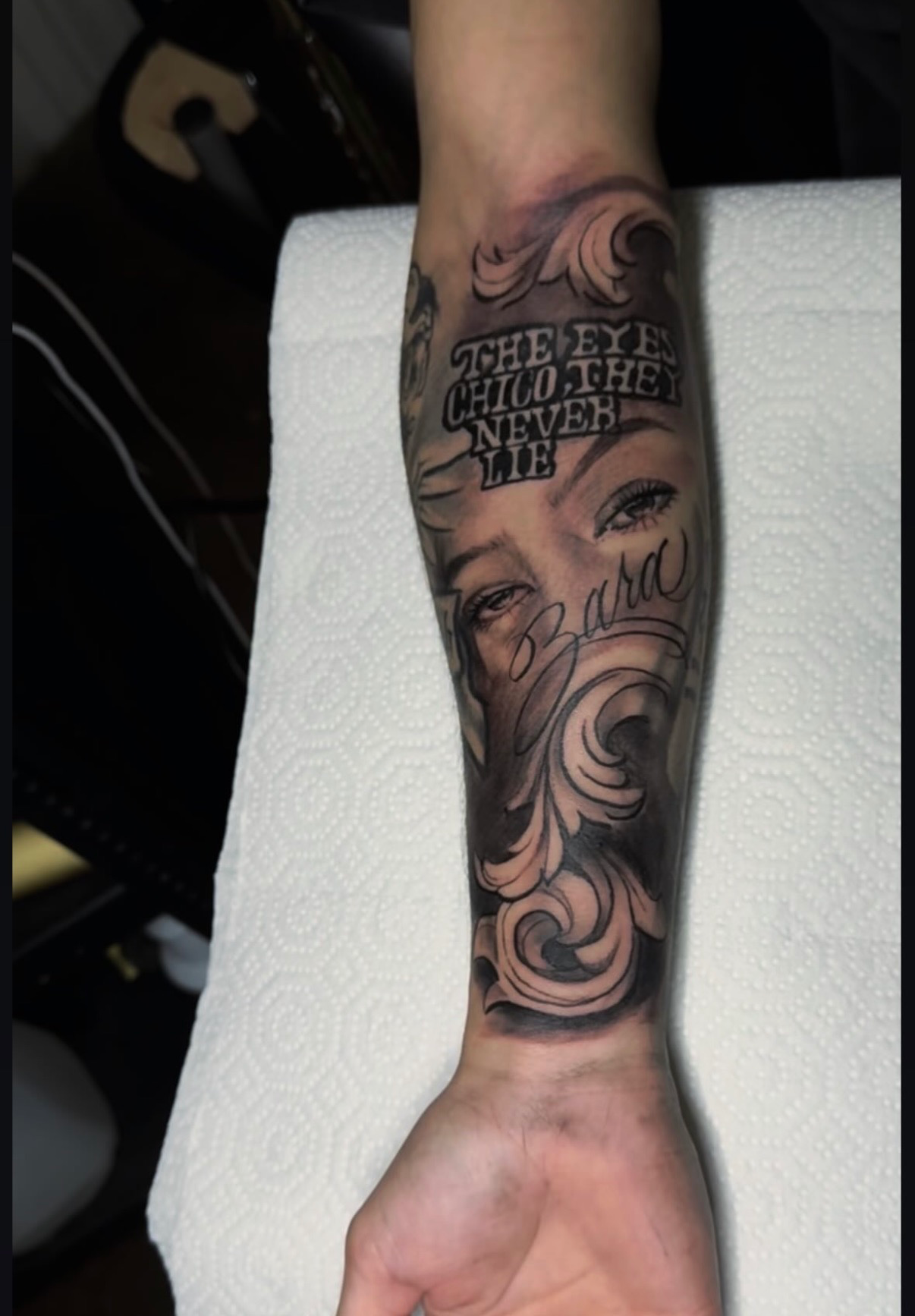 The eyes chico Scarface quote forearm tattoo